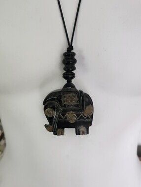 Carved Elephant Pendant Necklace in Dark Brown / Black